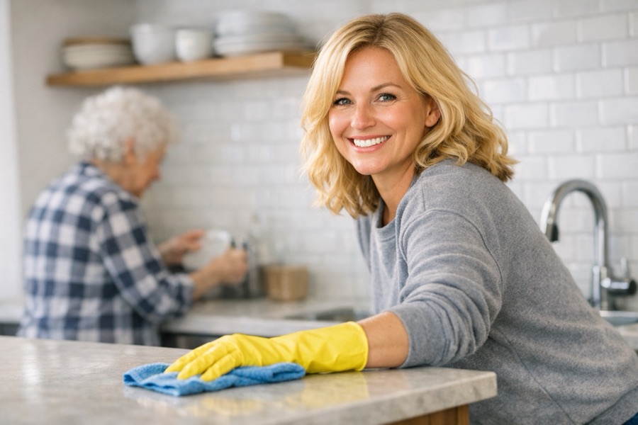 Eine Haushaltshilfe wischt die Arbeitsfläche in einer hellen Küche, im Hintergrund spült eine Seniorin